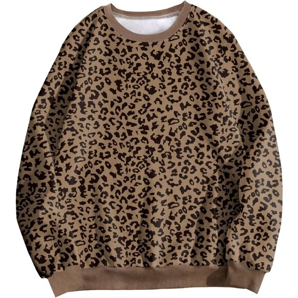 ⚡Women Brown Leopard Imported Graphic Crewneck Long Sleeve Pullover Sweatshirt - Picture 1 of 5